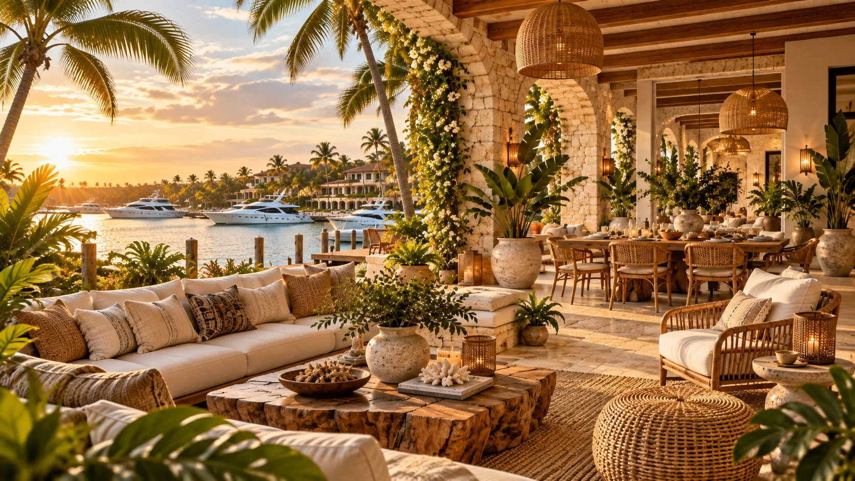 Terraza boho chic frente al mar con palmeras al atardecer